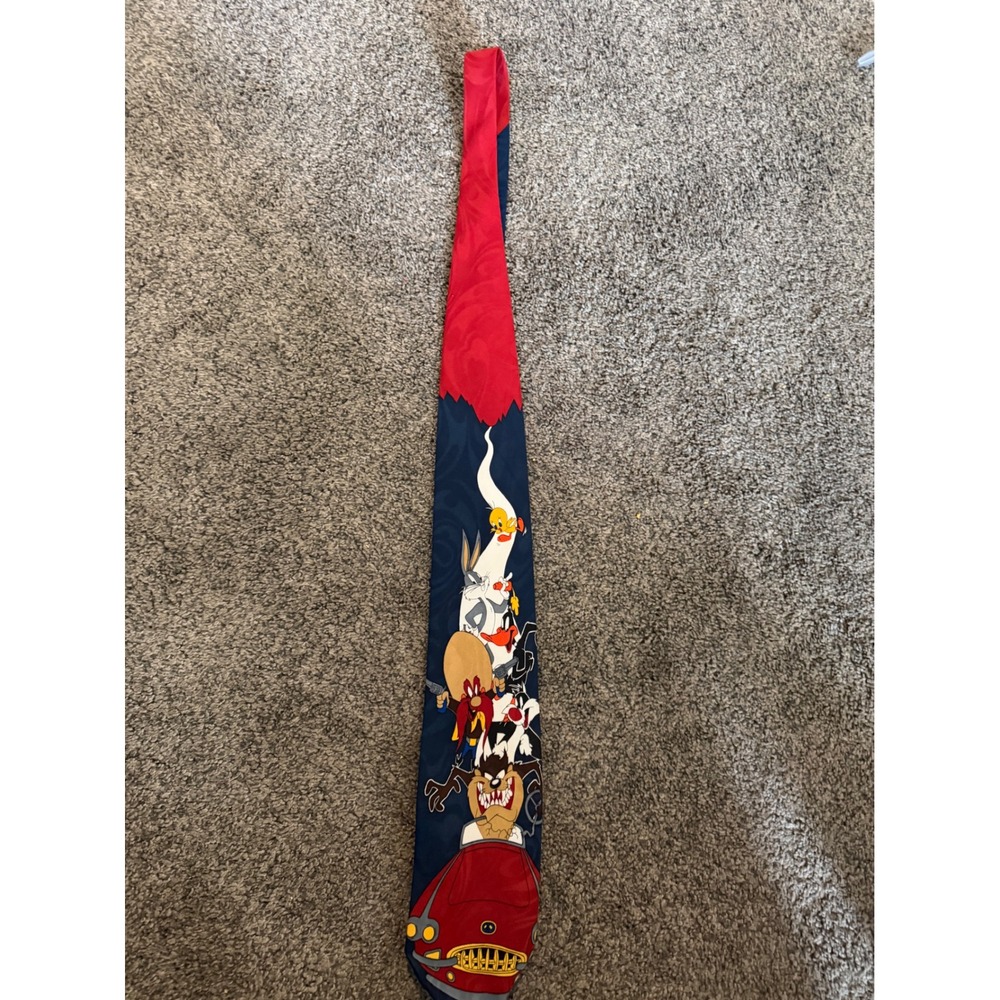 Vintage 1993 Looney Tunes Bugs Bunny Taz Daffy Duck Graphic Navy Blue Silk Tie